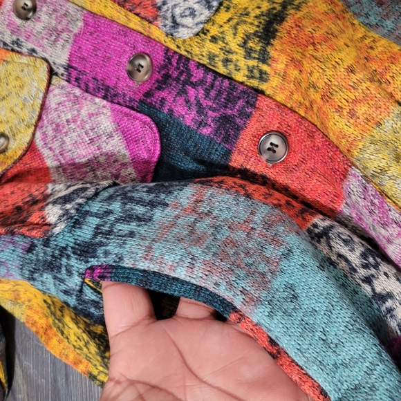 Bibi Womens Colorful Plaid Shacket Jacket S Faux Fur Collar Patchwork Boho New - Picture 5 of 7